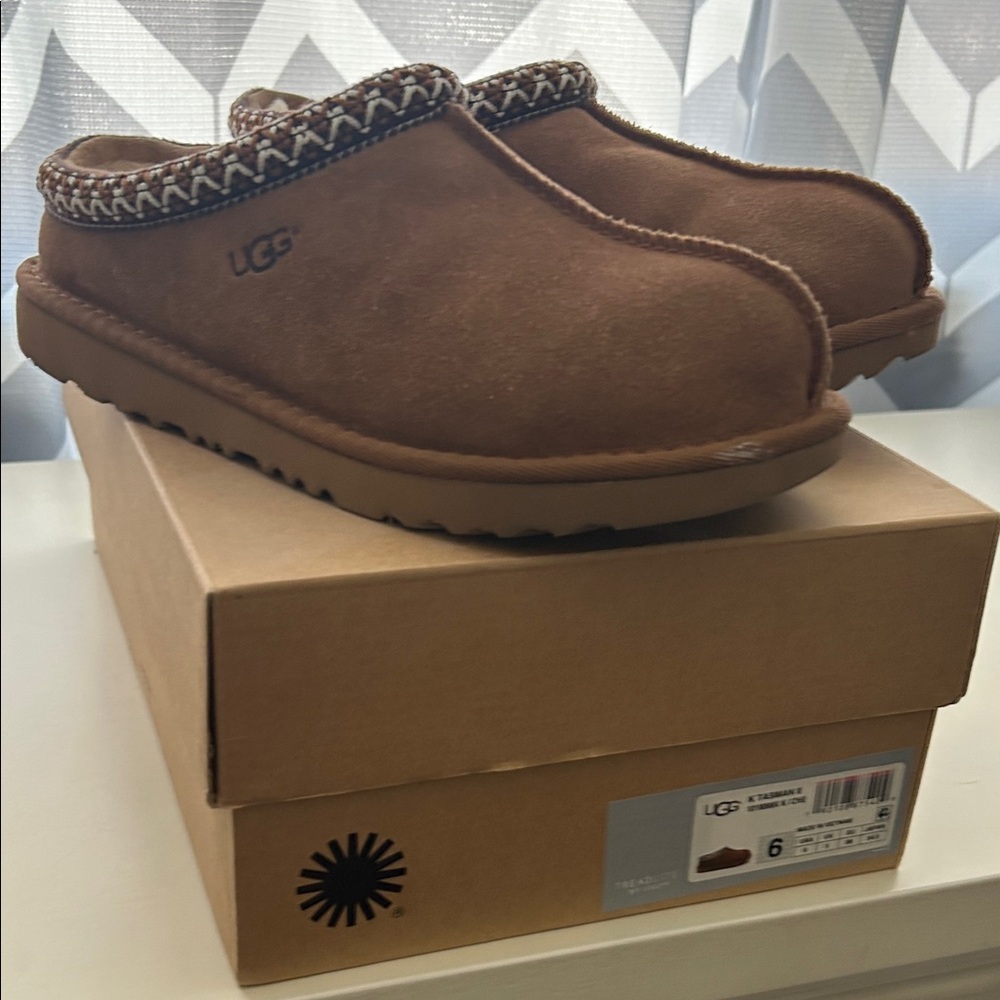UGG Tan Suede Slip-Ons with Patterned Trim